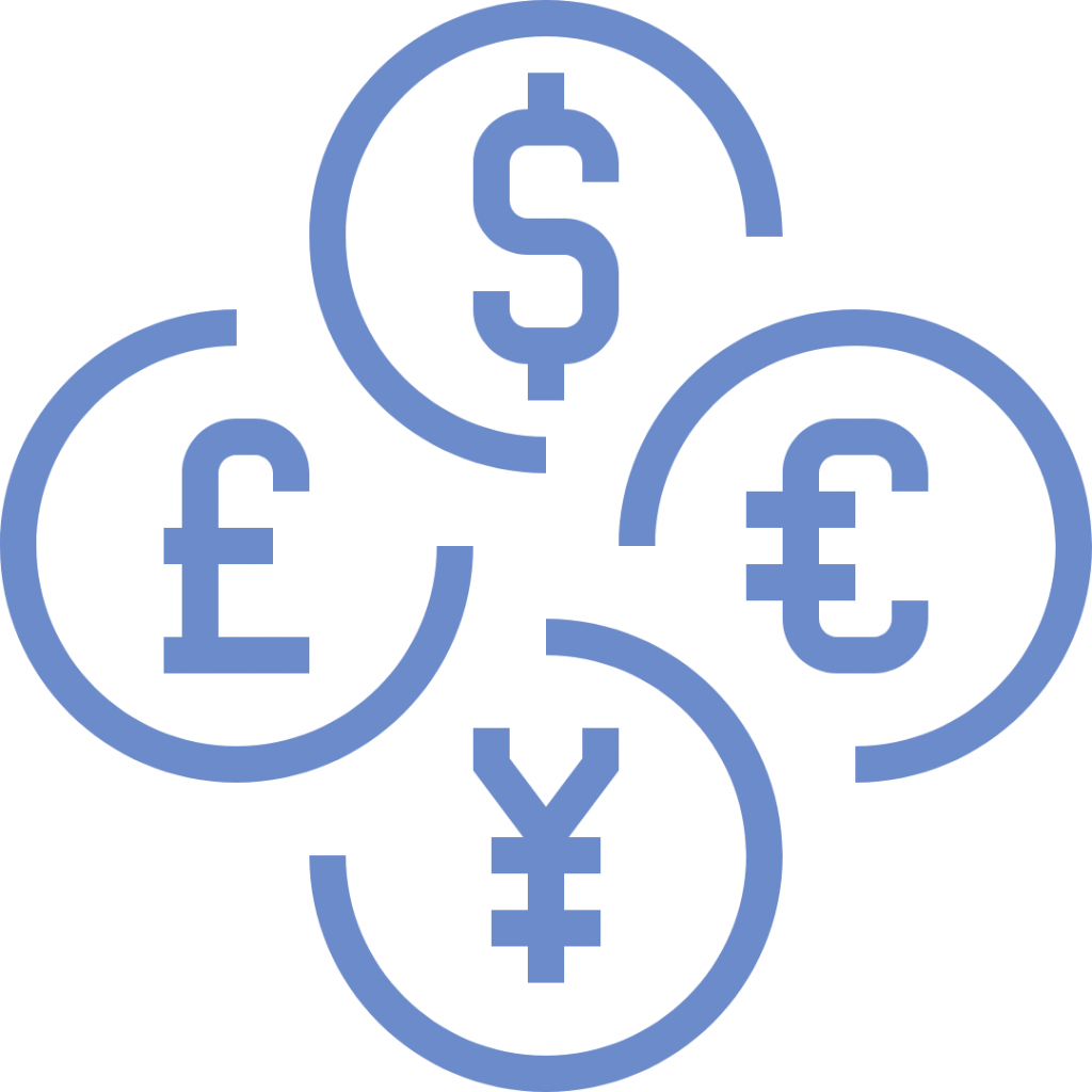 An illustration of four currency symbols: US dollar, Euro, Pound Sterling, and Yen.