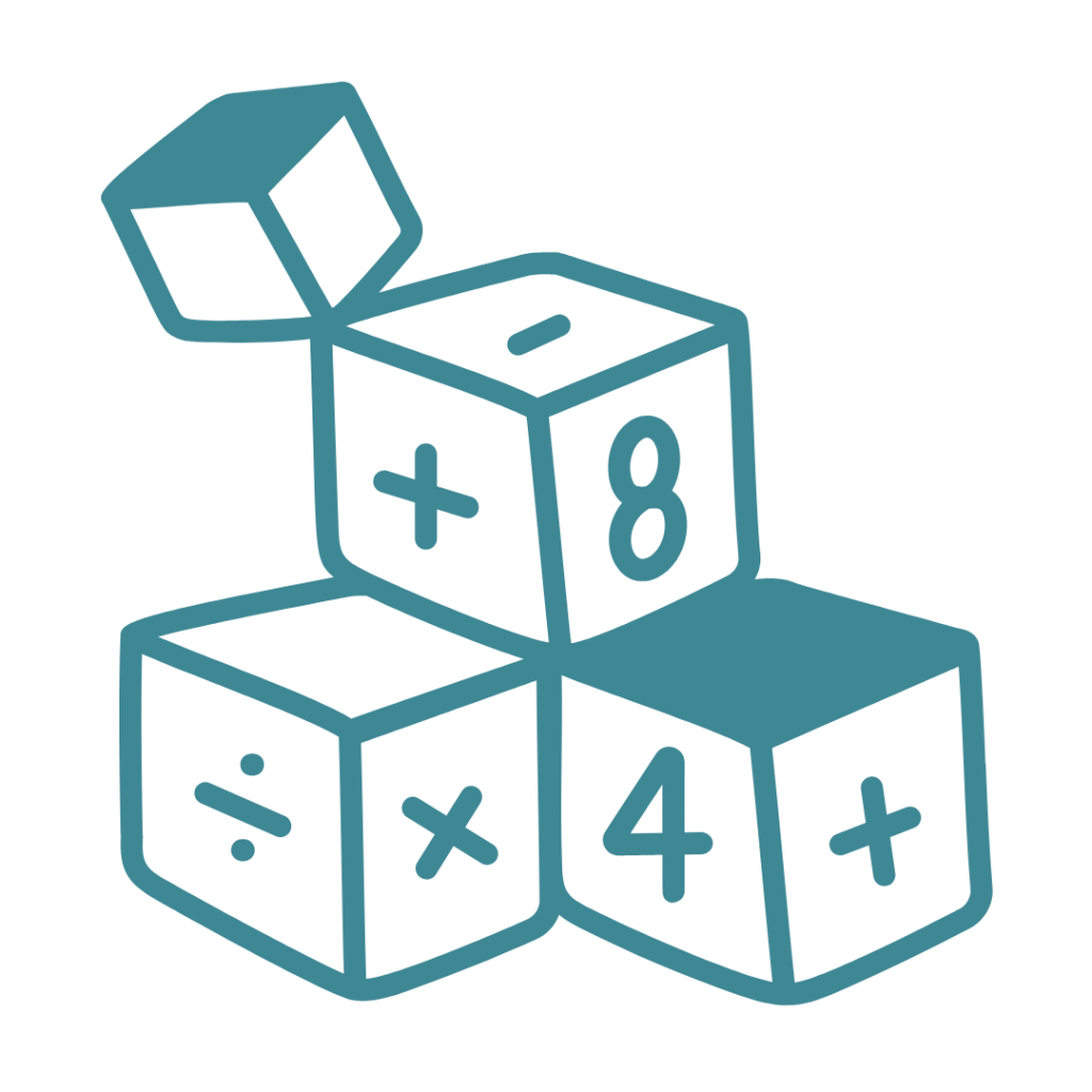 A blue line drawing of several dice with different math symbols and numbers on them.