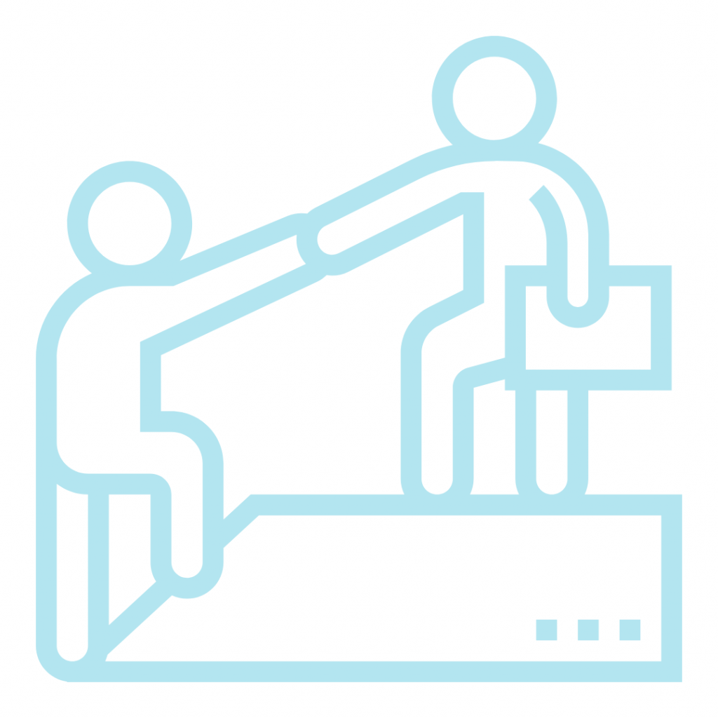 Stylized illustration of a person assisting another individual climbing a staircase, representing guidance or career advancement.