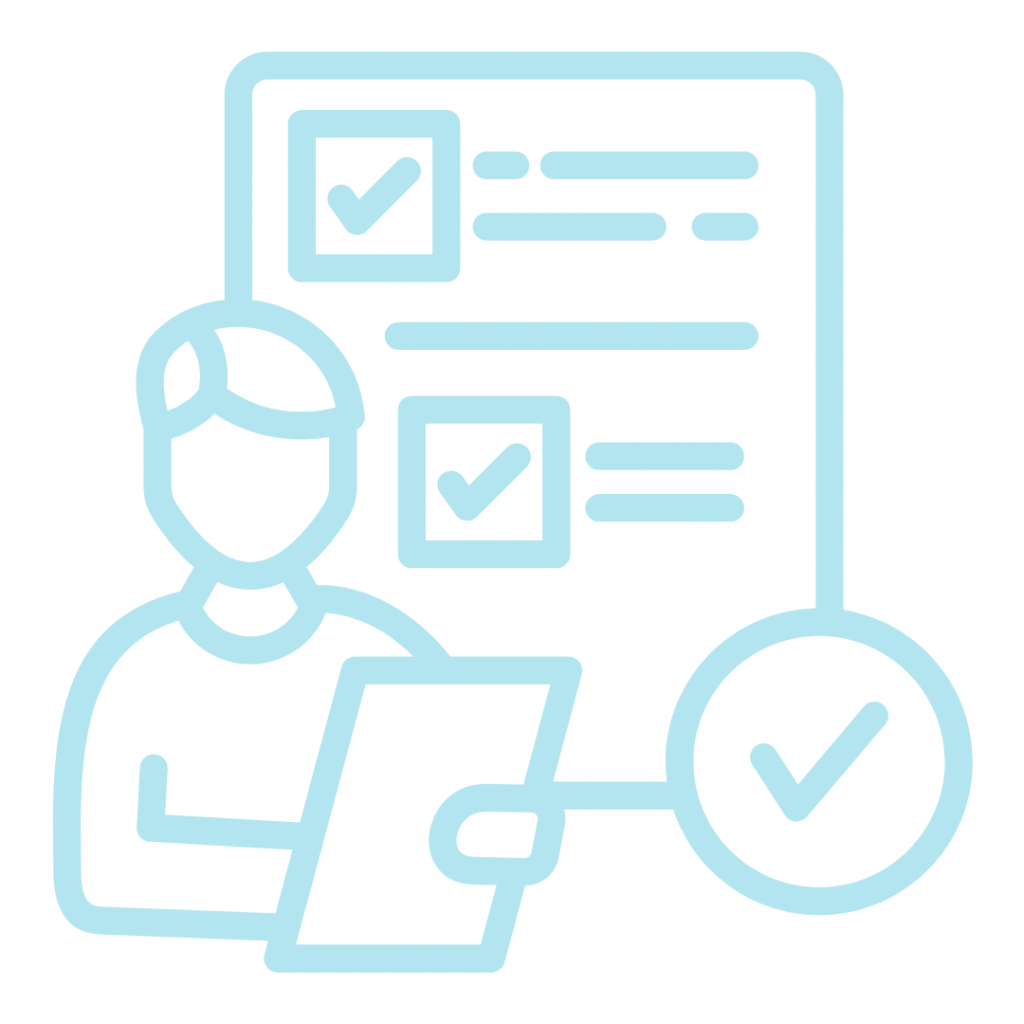 Light blue graphic of a person holding a clipboard with a check list, with a larger check mark circle connected to the clipboard.
