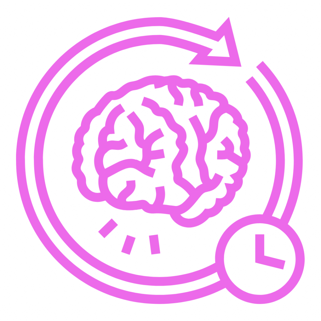 Pink icon of a brain with a circular arrow and a clock, representing mental refresh or cognitive reset.