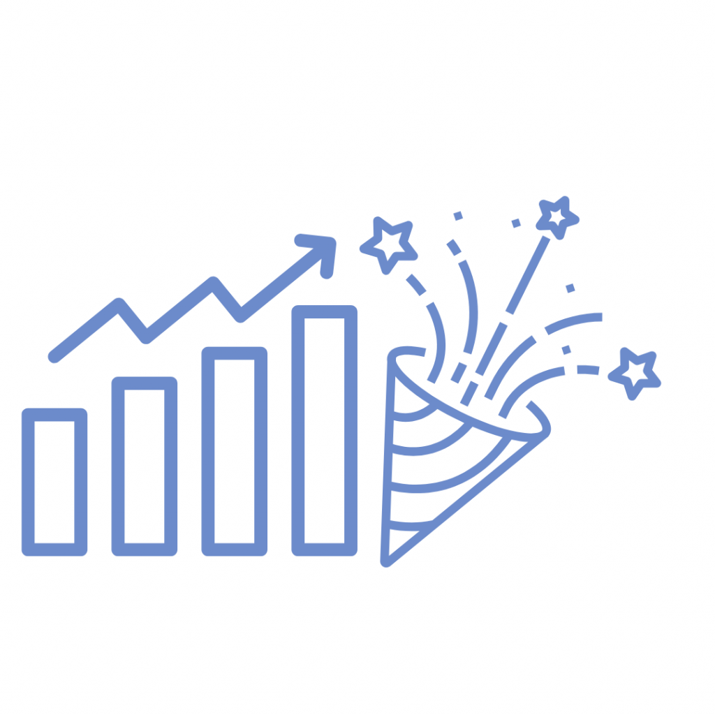 Illustration of a bar chart showing positive growth with an arrow pointing upwards, next to a party popper exploding with stars, symbolizing success and celebration.