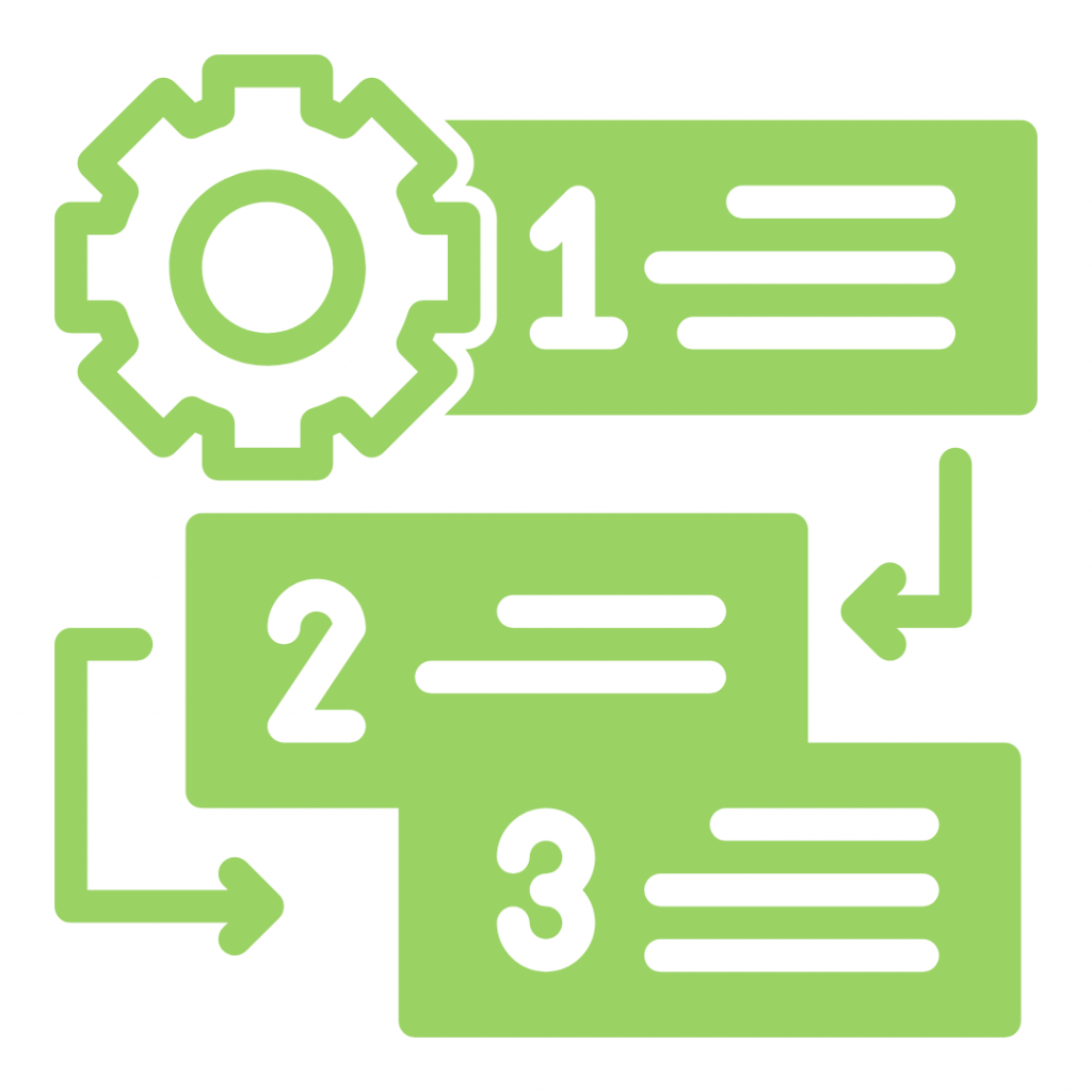 Illustration of a gear connected to a numbered, sequential process with arrows, symbolizing steps or a methodology.