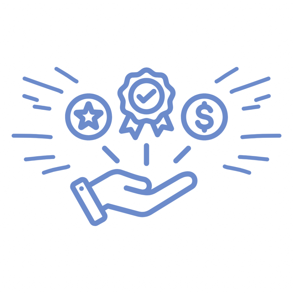 Blue icon of a hand holding a star, a quality seal with a checkmark, and a dollar sign, representing value, quality, or guarantee.
