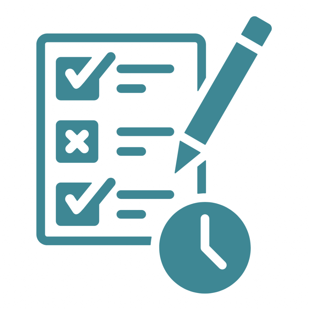 Icon of a checklist with checkmarks, a cross mark, a pencil, and a clock, representing a timed quiz or survey.