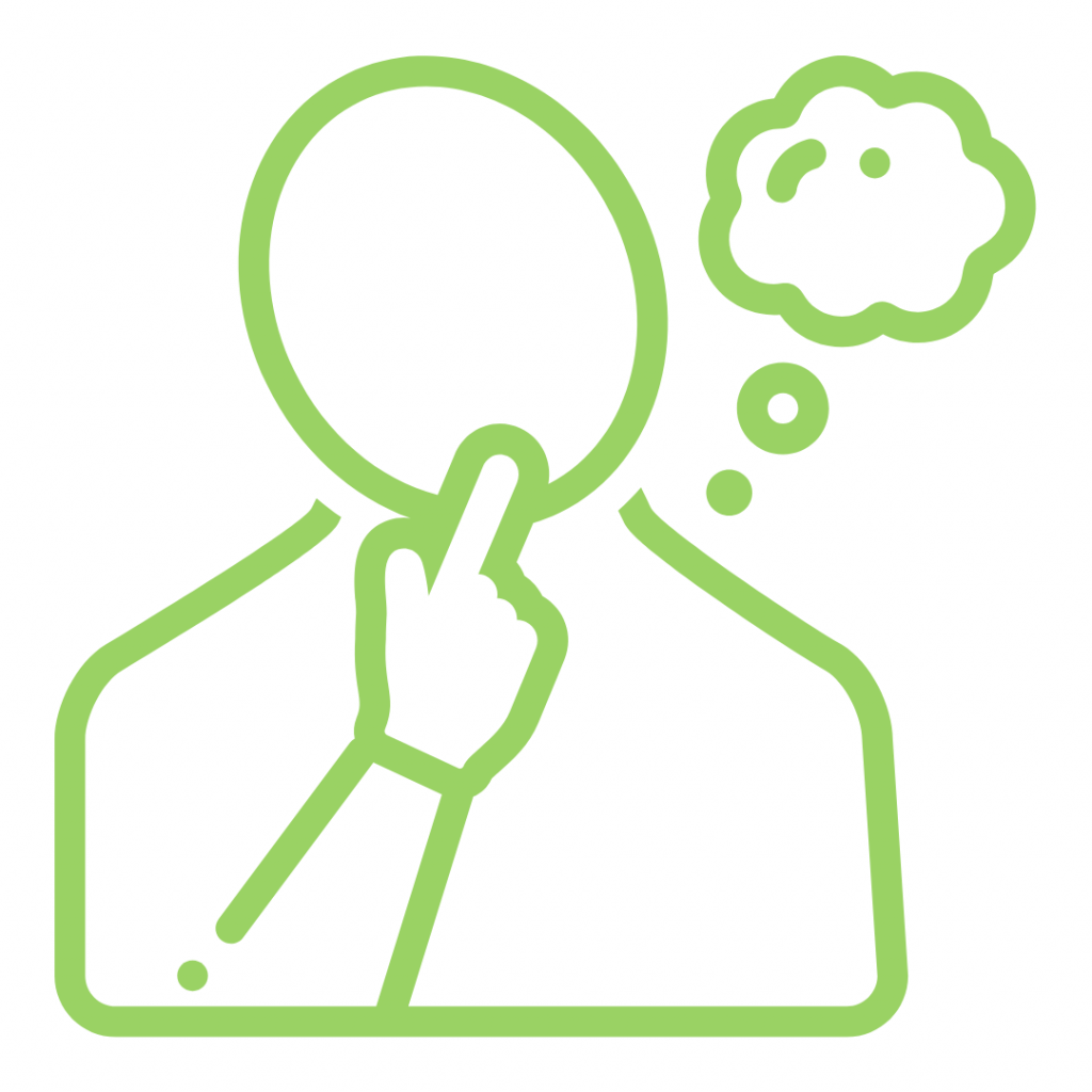 Green icon of a person's silhouette with a thought bubble above their head, representing thinking or having an idea.