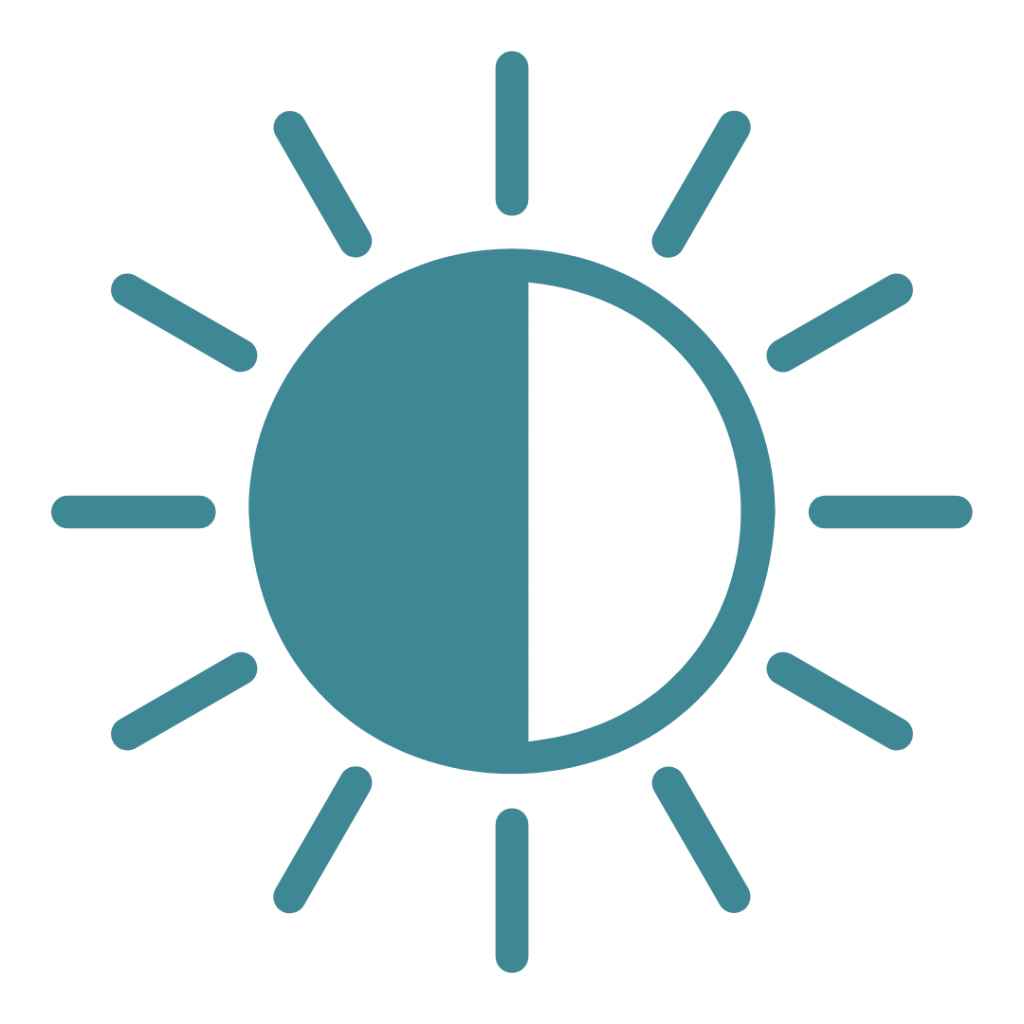 Icon of a sun with radiating lines, half filled in, representing brightness or light.