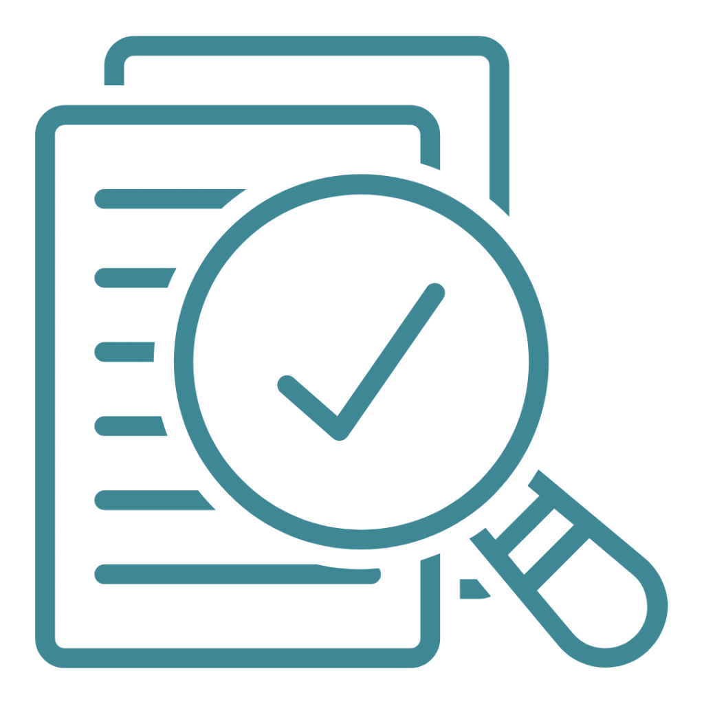 Icon of documents with a magnifying glass and checkmark, representing review or assessment.