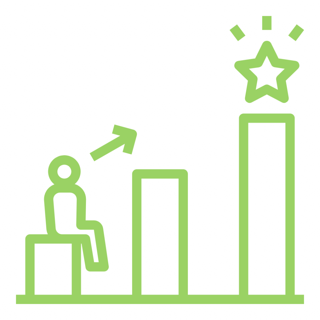 Green icon depicting an individual ascending a staircase towards a shining star, symbolizing growth and success.