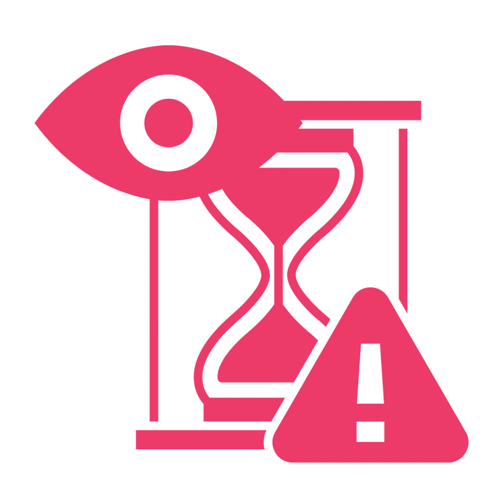 Pink hourglass with a stylized eye above it and an exclamation mark triangle below, symbolizing time sensitivity or urgency. 