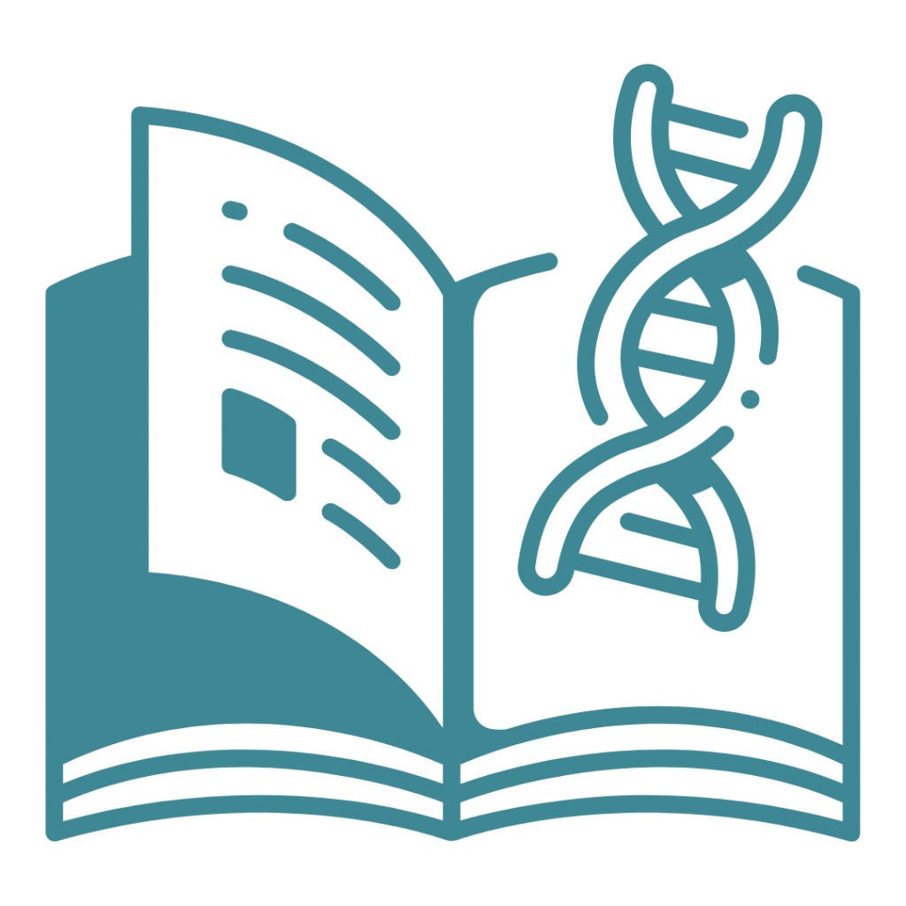 Teal icon of an open book with lines of text and a stylized DNA strand, symbolizing science or biological studies.