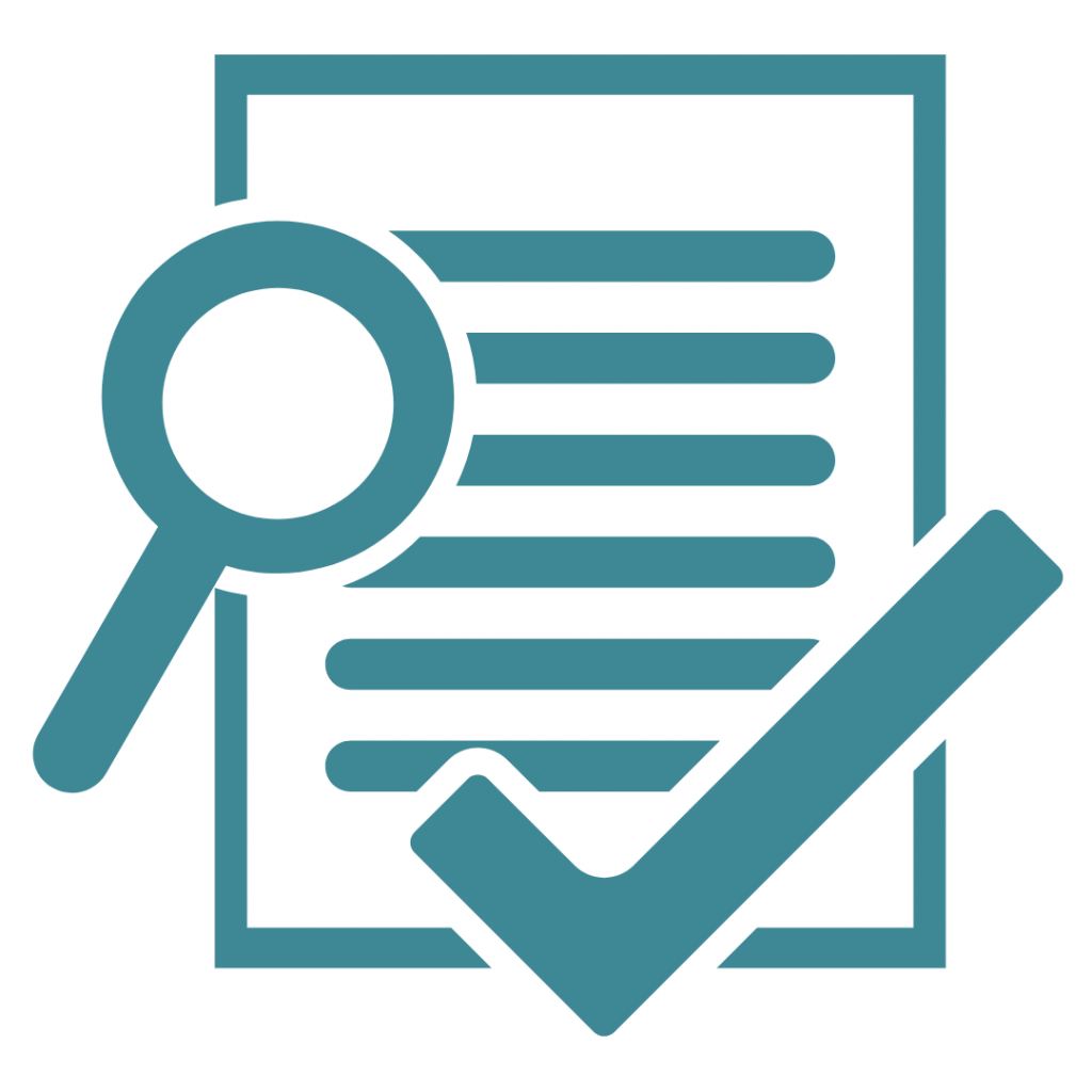 Icon of a document with a magnifying glass and a large checkmark, representing verification or approval.