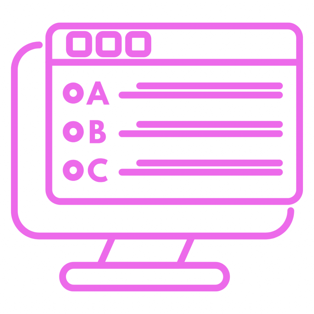 Pink icon of a computer monitor displaying a multiple-choice quiz or survey with options A, B, and C.