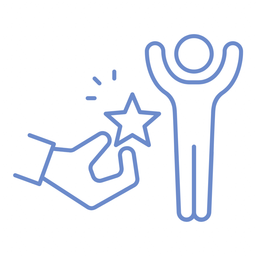 Illustration of a hand presenting a star to a figure with outstretched arms, symbolizing reward or accomplishment.