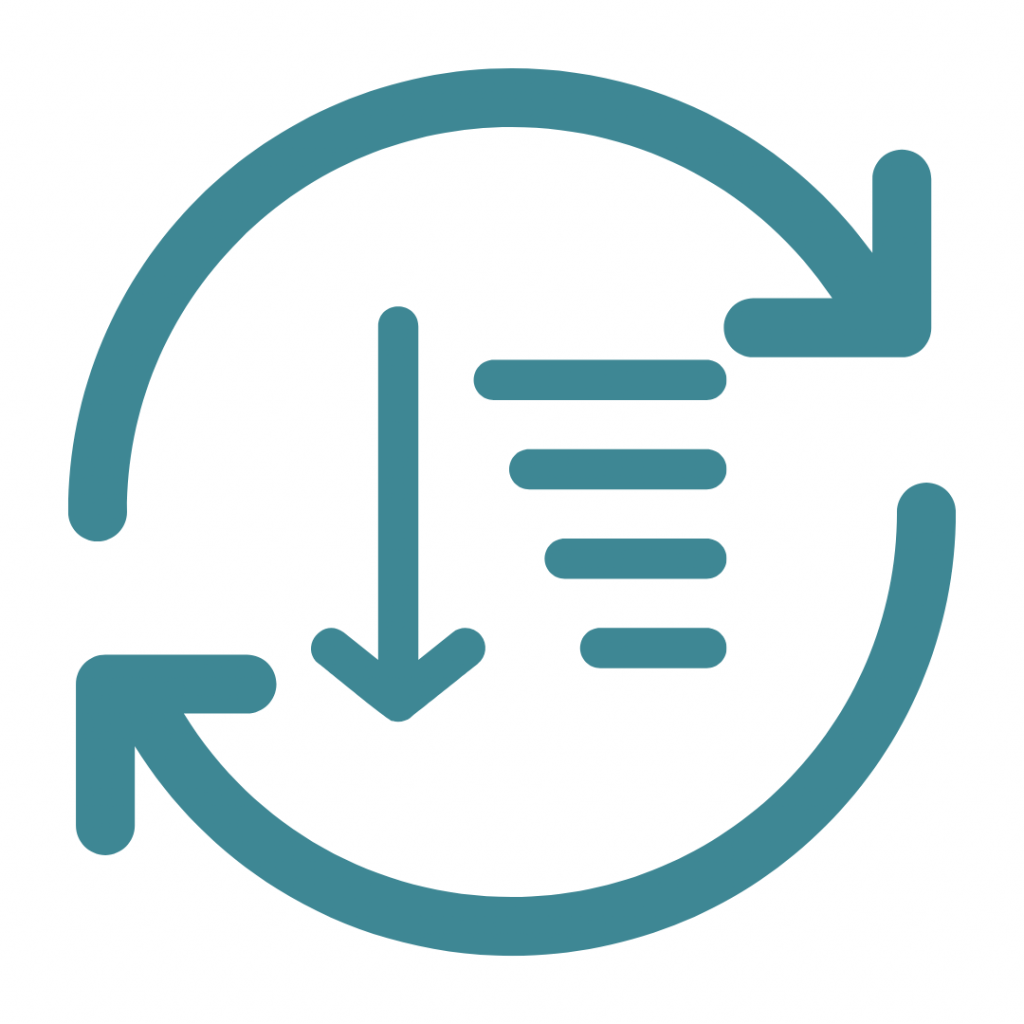 Blue icon depicting a circular arrow encompassing a list and a downward arrow, symbolizing data transfer or updates.