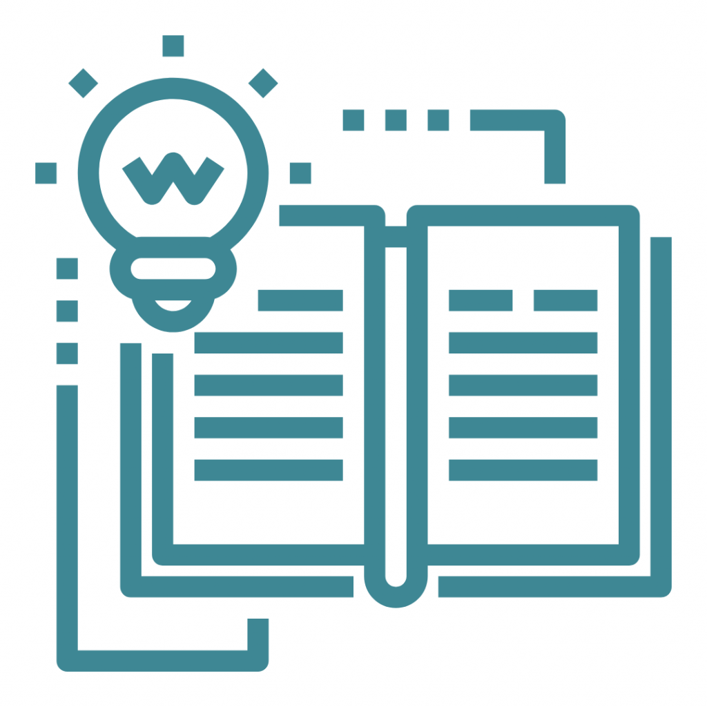 Blue icon depicting a lightbulb with the letter "W" and an open book, symbolizing learning and information.