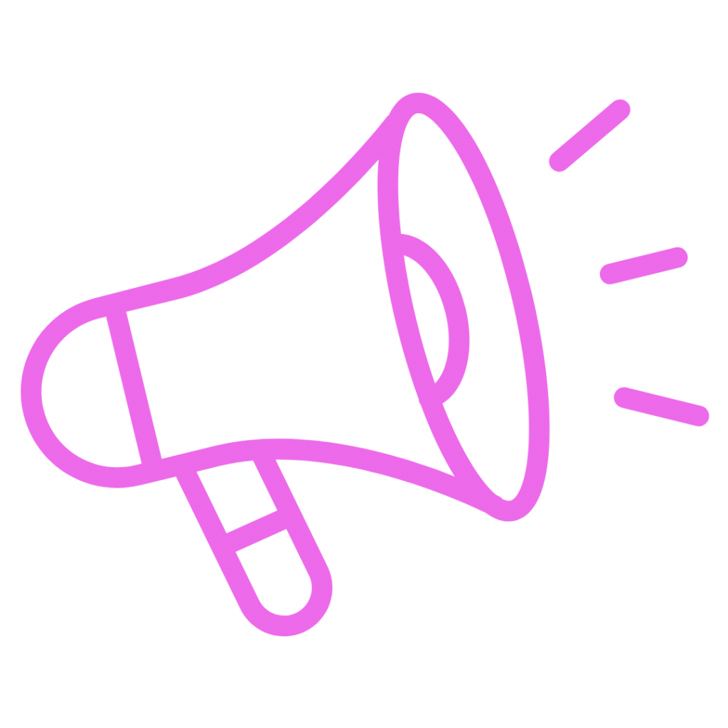 Pink icon of a megaphone with radiating lines, representing an announcement or promotion.