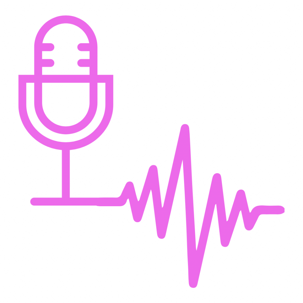 Pink icon of a microphone with a sound wave emanating from it, representing audio recording or voice communication.
