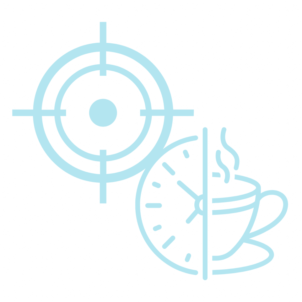 Line drawing representing focus and productivity, combining a target, clock, and coffee.