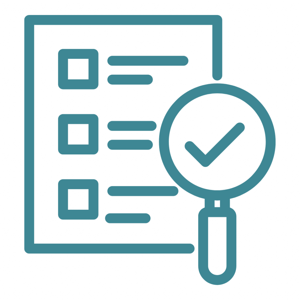 Icon of a document with checkboxes and a magnifying glass with a checkmark, representing a completed survey or checklist.