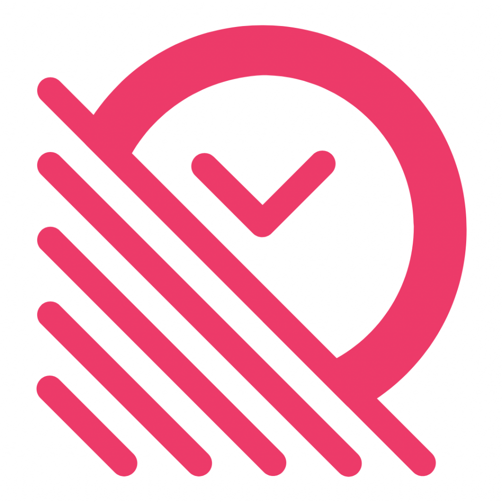 Pink clock with a check mark and diagonal lines, symbolizing time management or deadlines. 
