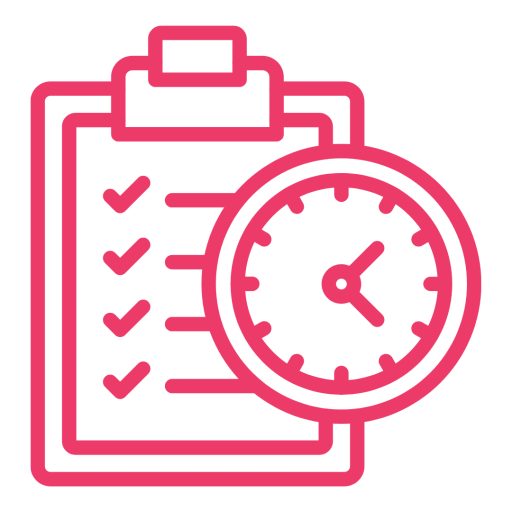 Graphic illustration of a checklist on a clipboard with a clock, symbolizing time management or productivity. 