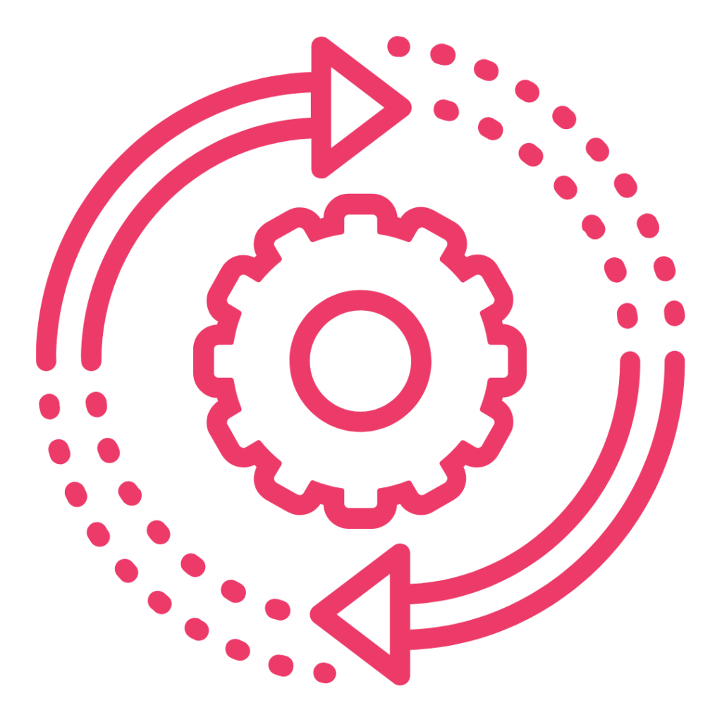 Stylized pink gear with a circular arrow pattern, suggesting a loop, rotation, or continuous improvement.