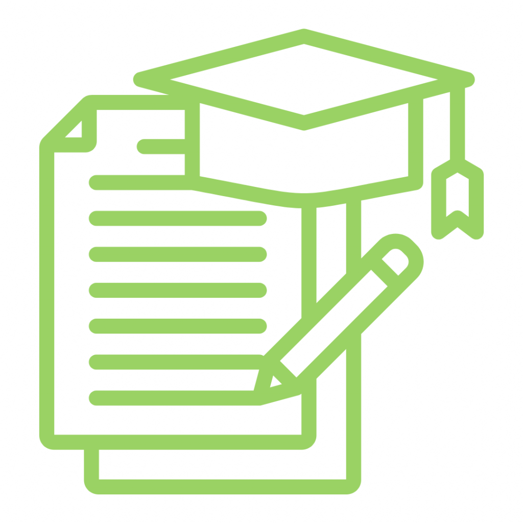 Green icon of a diploma, graduation cap, and pencil, representing academic achievement or graduation.