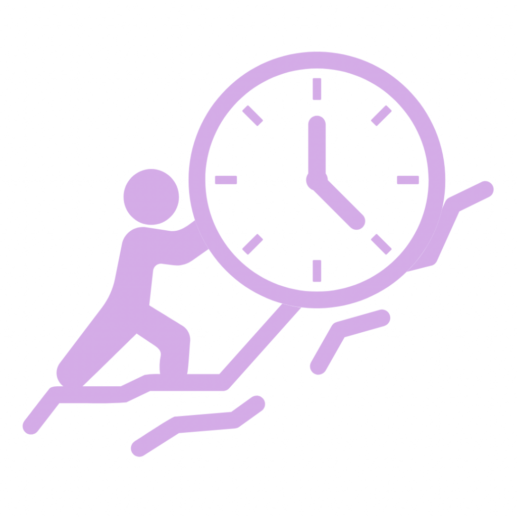 A purple silhouette of a person balancing on a crack and holding up a large clock.