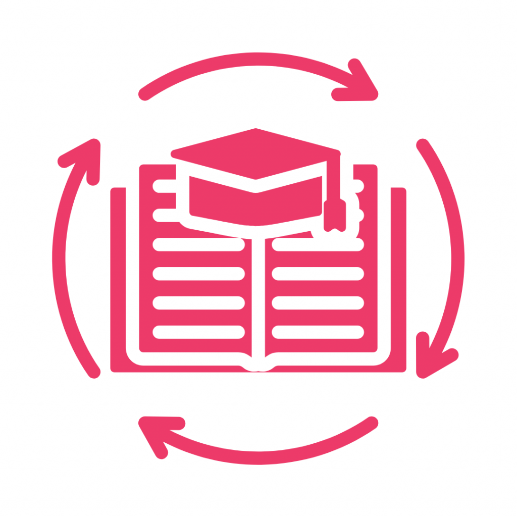 Pink line art icon of an open book with a graduation cap on top, surrounded by four curved arrows forming a circle