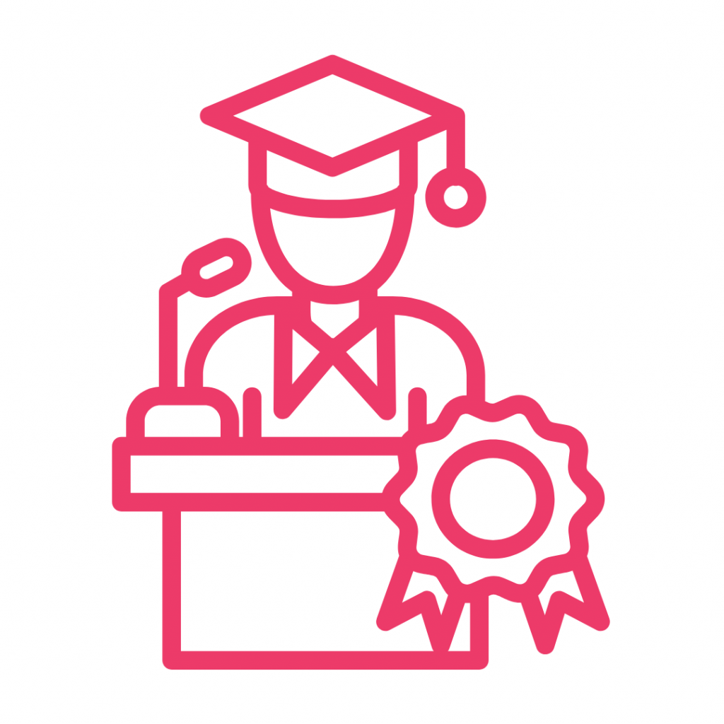 Pink line art icon of a graduate wearing a cap, speaking at a podium with a microphone, and an award ribbon on the side.