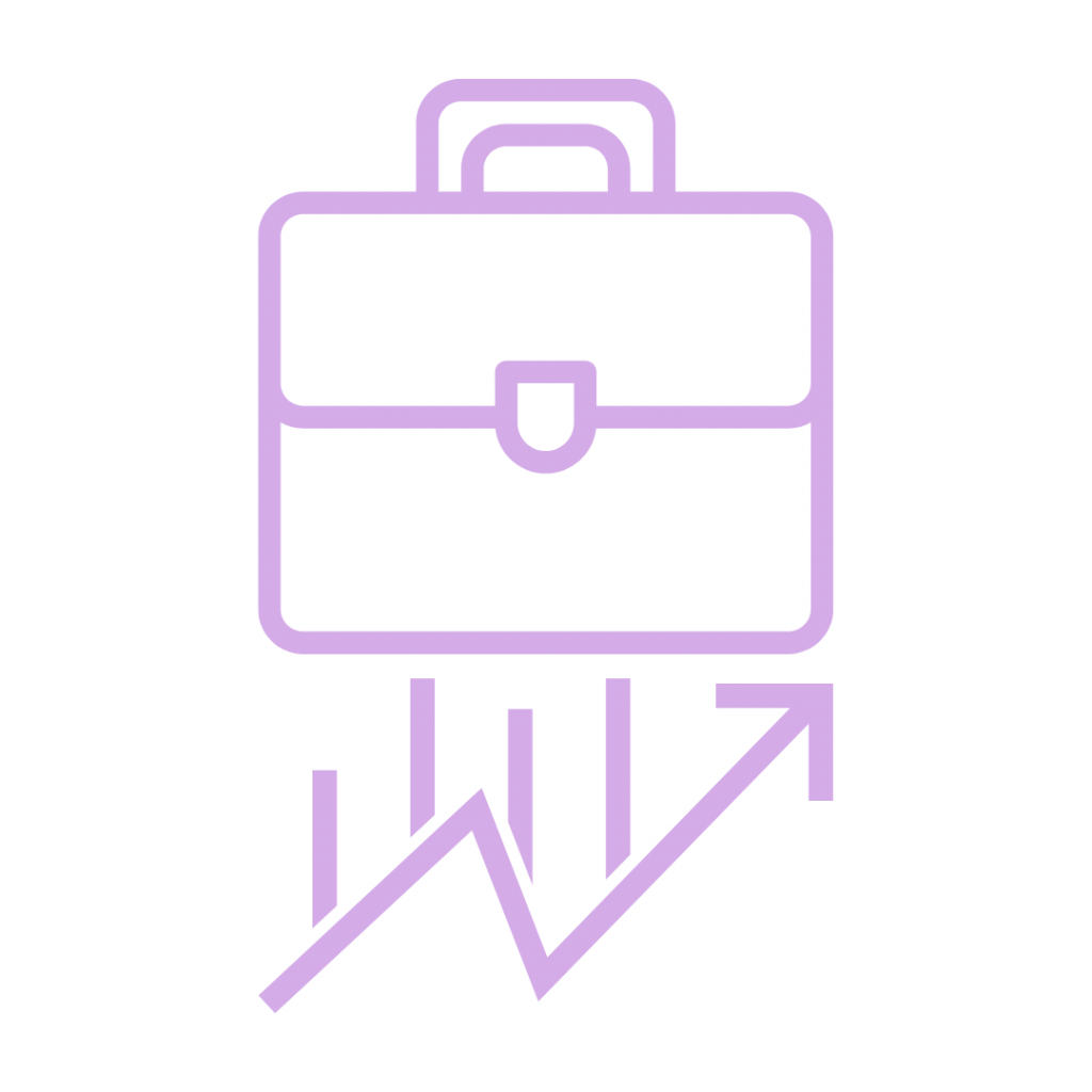 Stylized illustration of a briefcase rising above a graph showing upward growth, drawn in light purple lines.