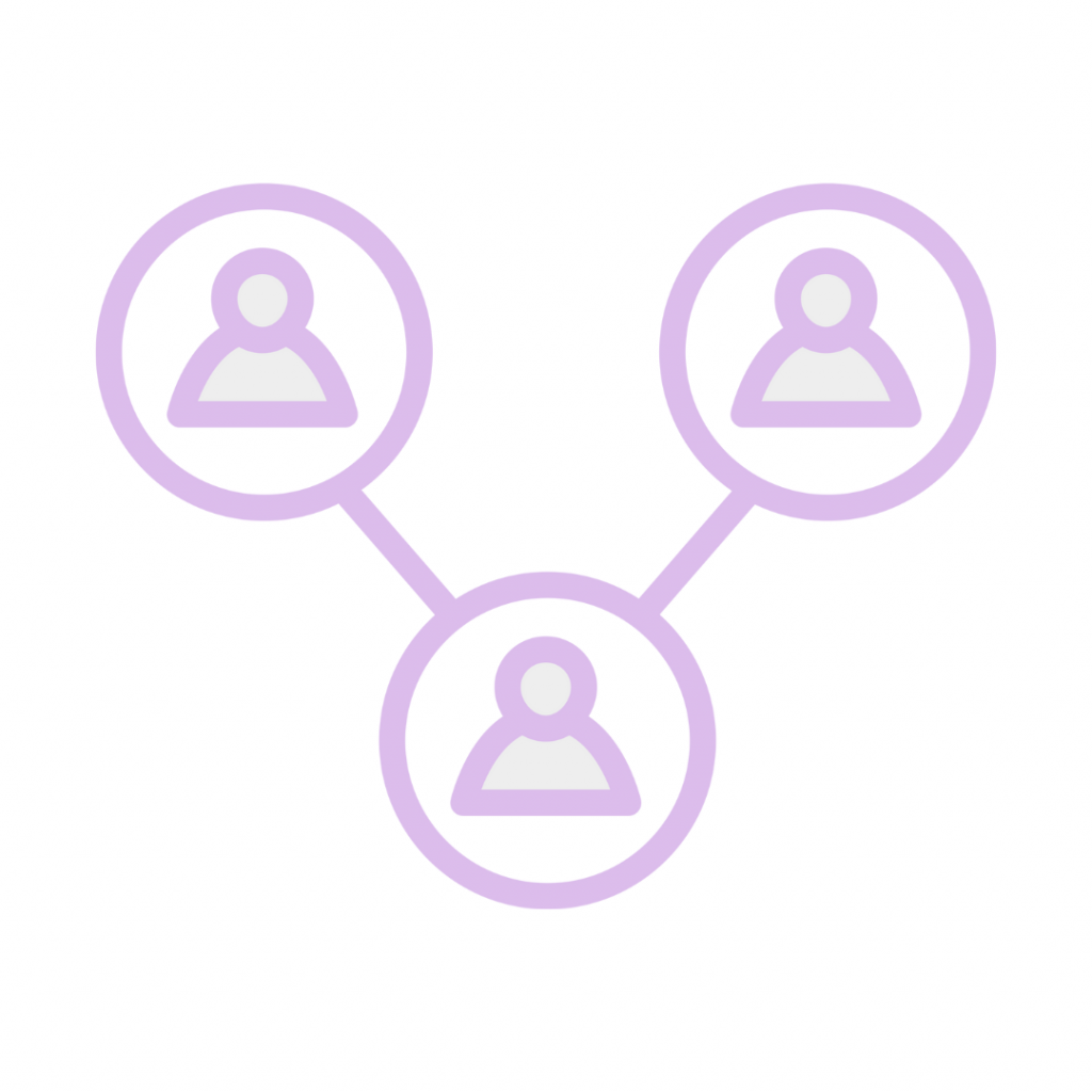 Stylized illustration of three connected people in a network, represented by circles and lines, drawn in light purple.