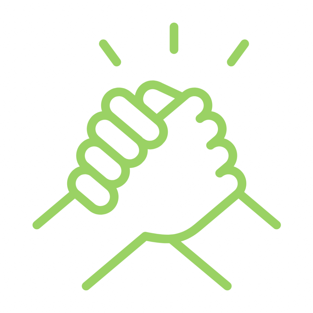 Stylized illustration of a handshake with radiating lines indicating energy or agreement, drawn in green lines