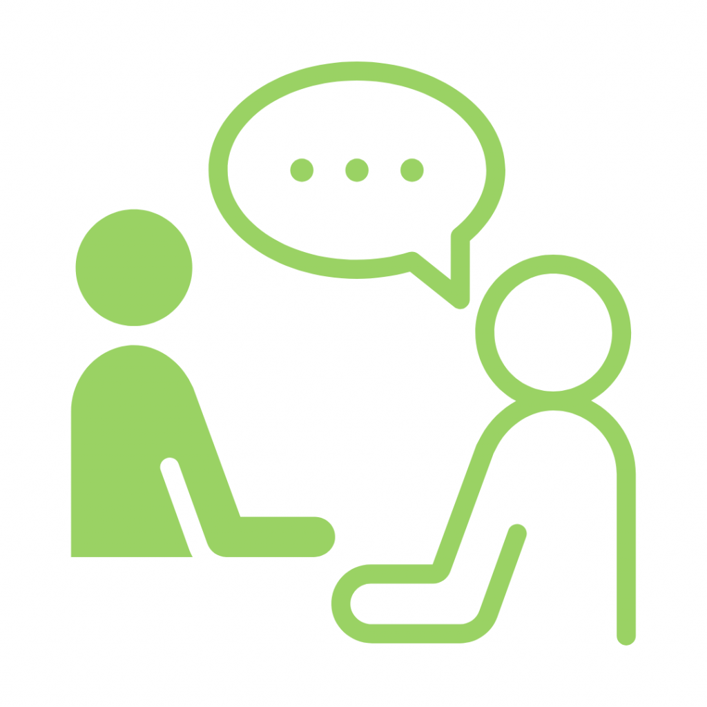 Stylized illustration of two people in conversation, with a speech bubble showing they are talking, drawn in green lines.