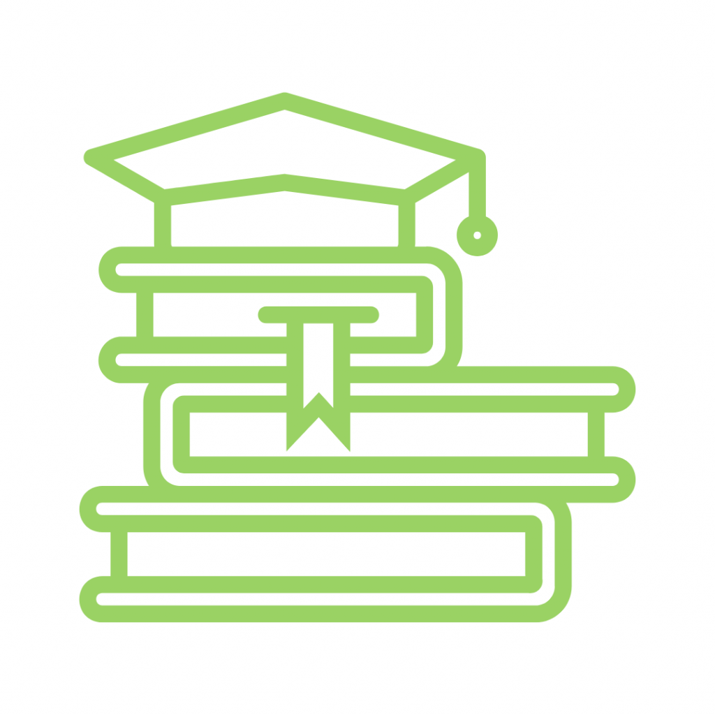 Stylized illustration of multiple books stacked with a graduation cap above, signifying academic achievement, drawn in green lines.