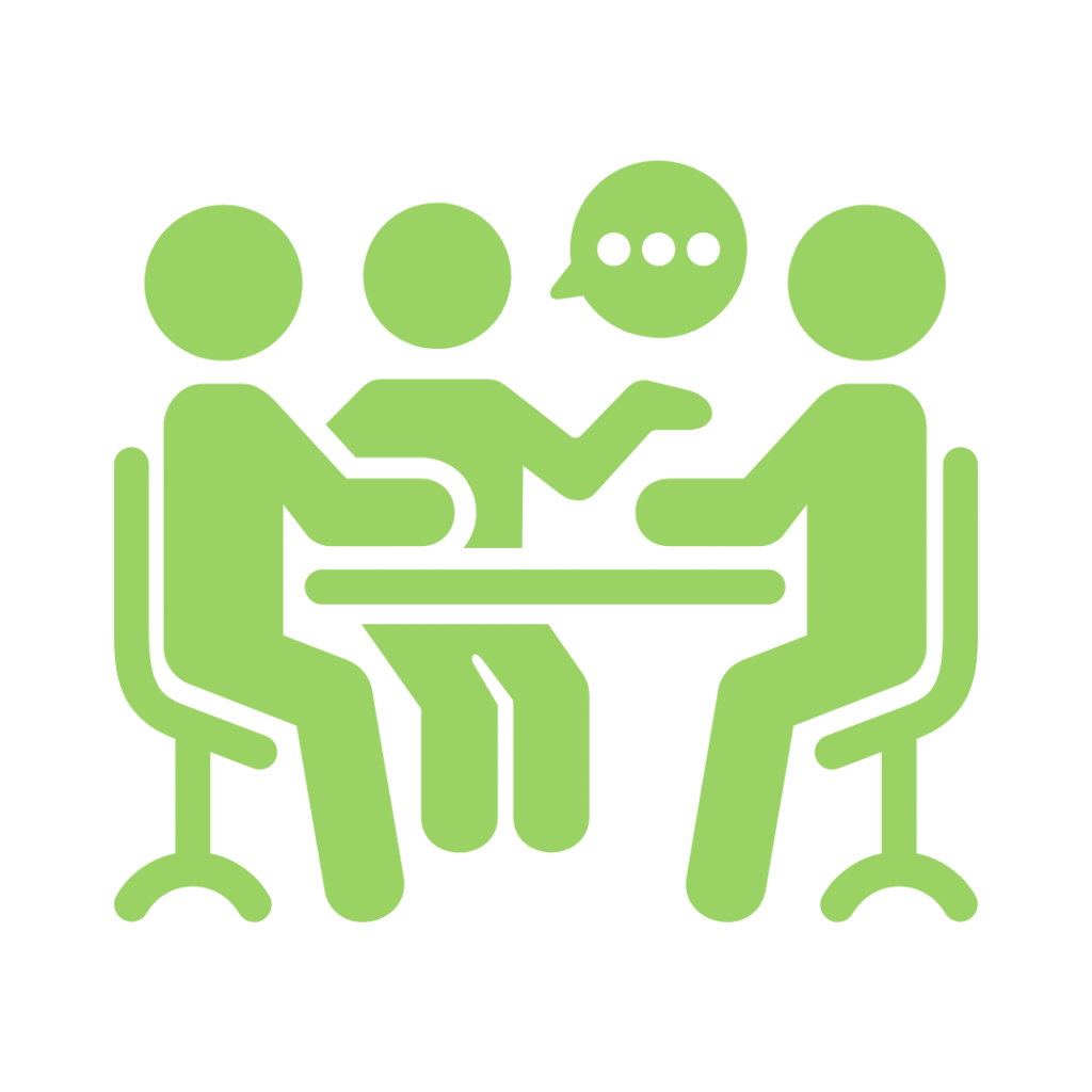 Stylized illustration of three people having a meeting or discussion at a table, with a speech bubble indicating conversation, drawn in green.