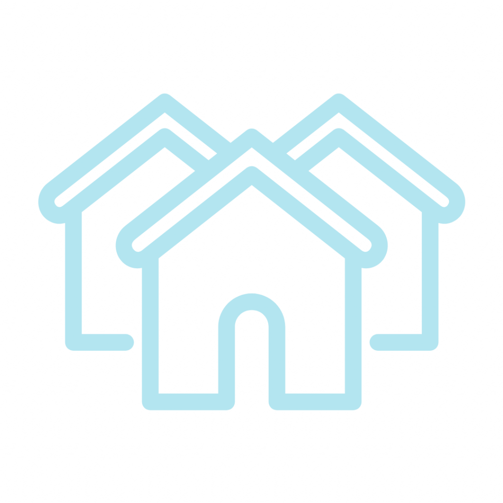 Stylized illustration of three houses with simple shapes, overlapping slightly, drawn in light blue lines.