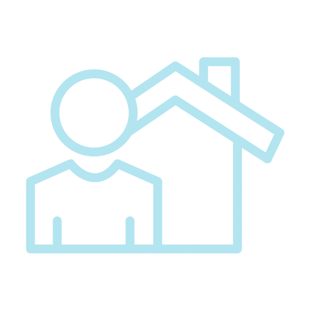 Stylized illustration of a person and a house, drawn in light blue lines.
