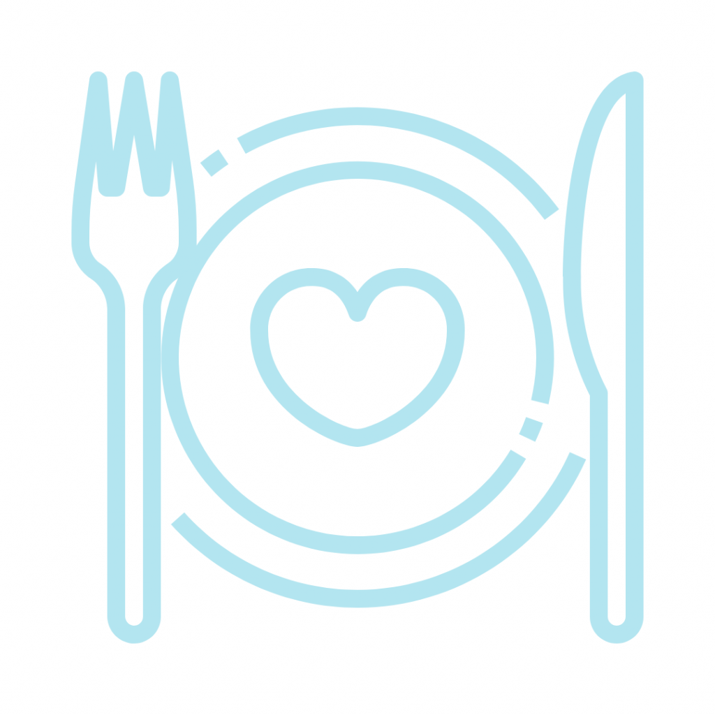 Stylized illustration of a plate with a heart, fork, and knife, suggesting a meal with love or care, drawn in light blue lines.