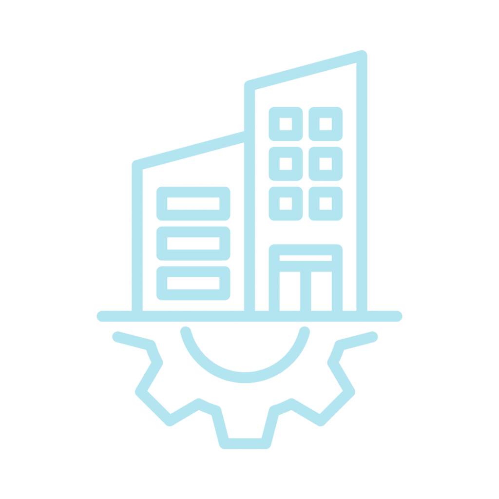 Stylized illustration of a building with a gear beneath it, symbolizing facility management, drawn in light blue lines.