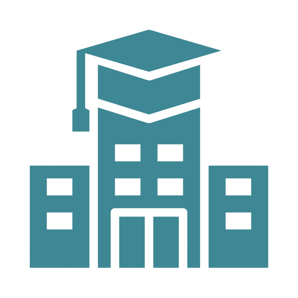 Teal icon of a stylized school building with a graduation cap on top of the central tower.