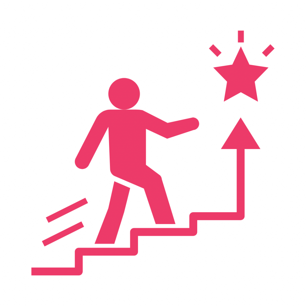 Pink line art icon of a stick figure climbing a staircase with an arrow pointing upwards towards a shining star.