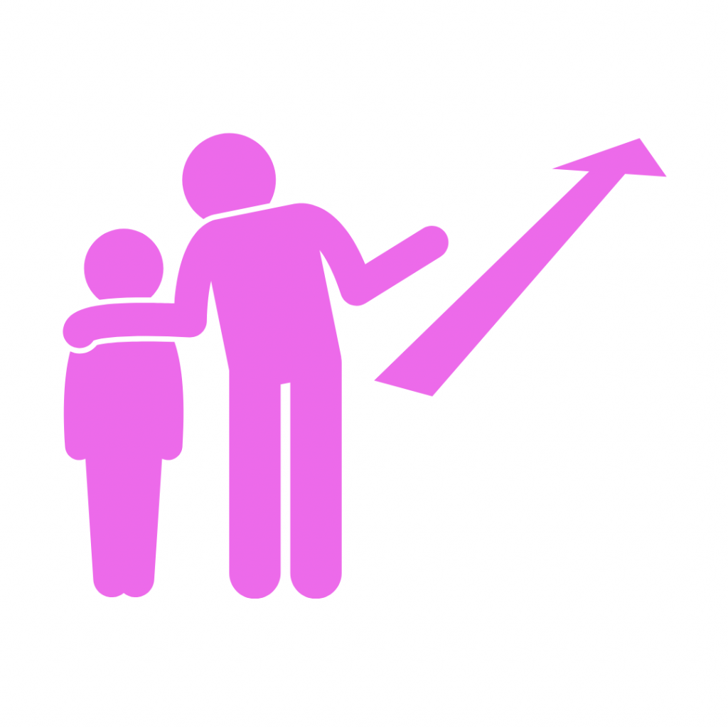 Stylized illustration of a figure guiding a smaller figure, with an arrow indicating progress or growth, drawn in pink.