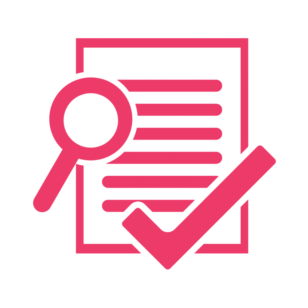 Blue icon of a document with a magnifying glass and checkmark.
