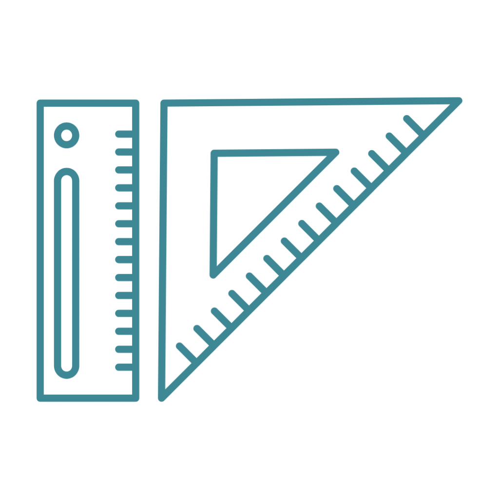 Stylized illustration of a ruler and a triangle ruler, both with measurement markings, drawn in teal lines.