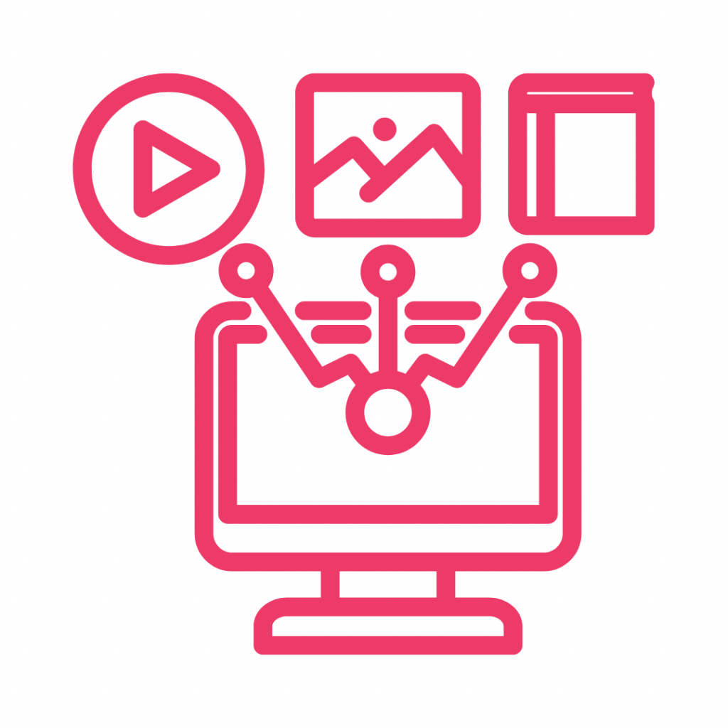 Pink line art icon of a computer monitor with a play button, image icon, and document icon floating above, connected by lines.