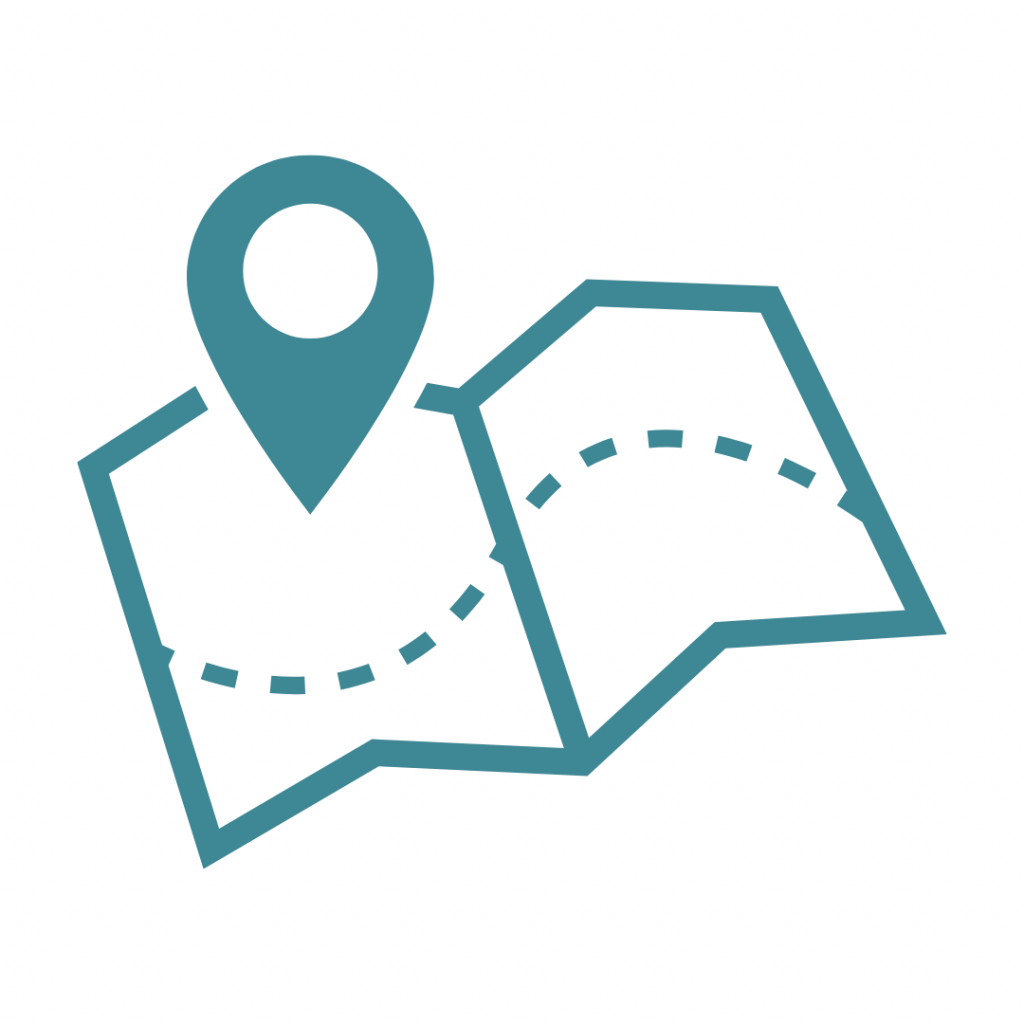 Teal line art icon of a folded map with a location pin pointing to a spot on the map, and a dotted line showing a route.