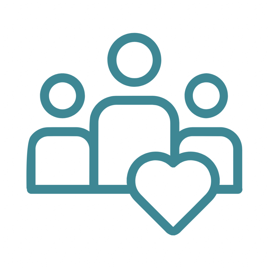Stylized illustration of three people and a heart, symbolizing community or care, drawn in teal lines.
