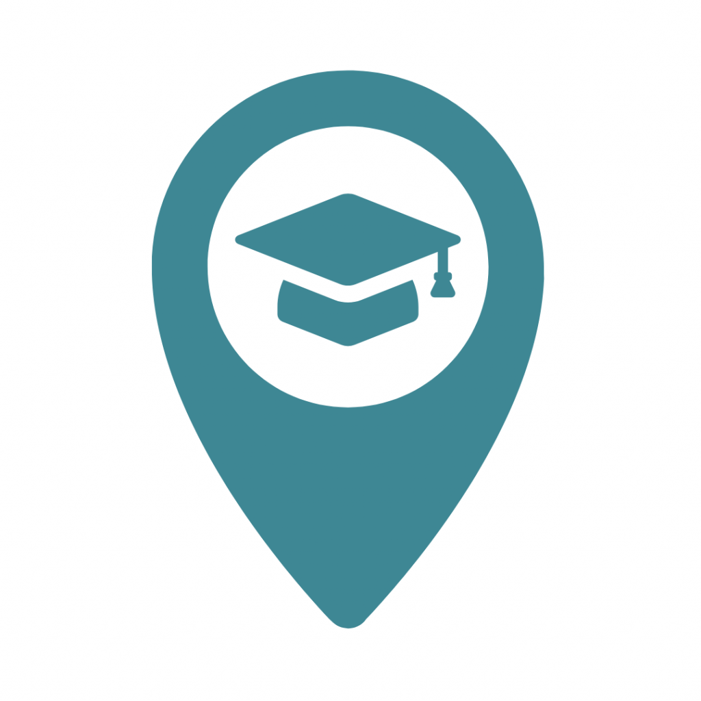 Teal icon of a location pin with a stylized graduation cap inside a white circle.